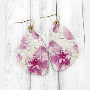 Pink & White Watercolor Cork Earrings | Goldtone Hooks | Lightweight Statement